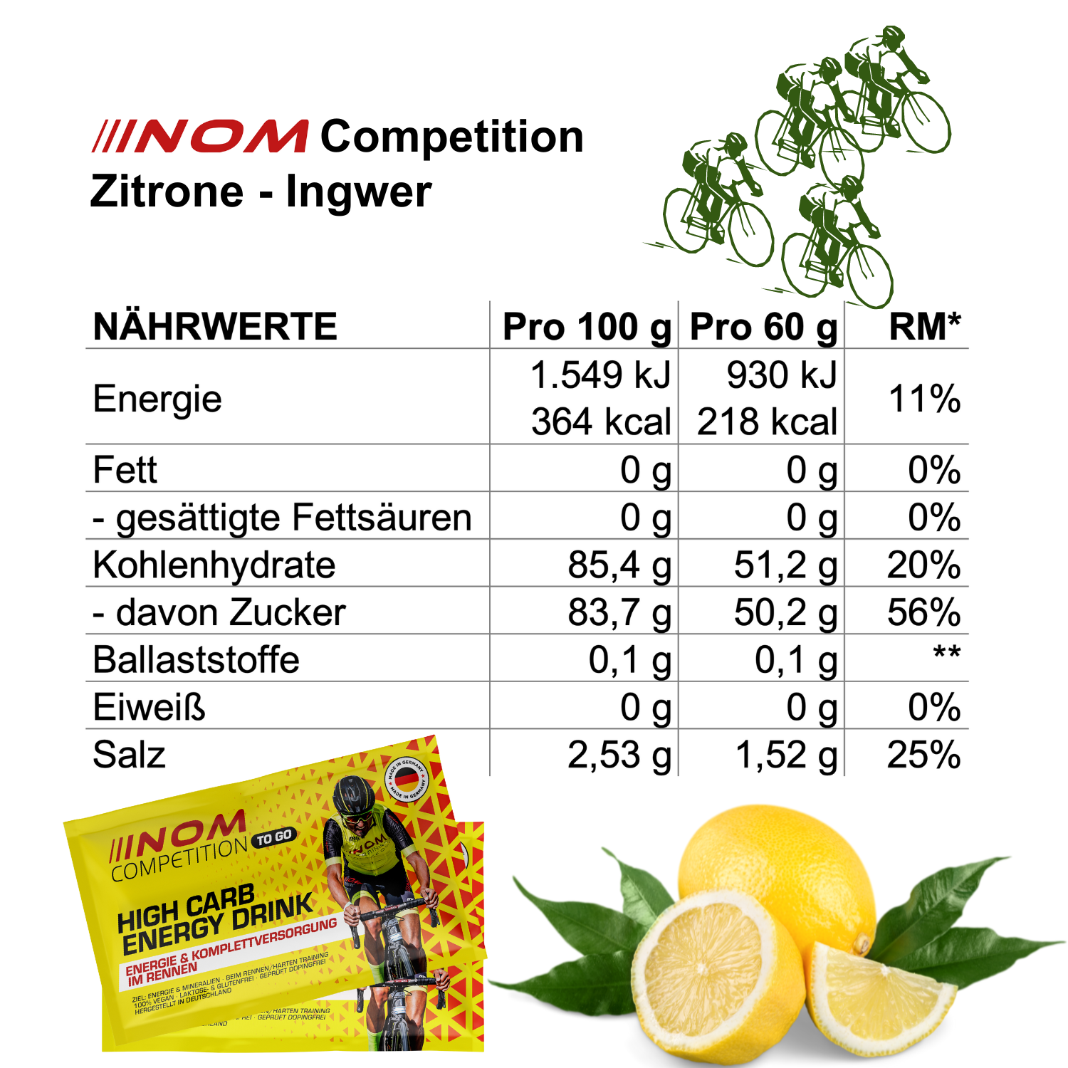 "Nährwerttabelle des NOM Competition Zitronen-Ingwer High Carb Energy Drinks mit Energie- und Kohlenhydratangaben pro 100 g und 60 g. Enthält Abbildung der Produktverpackung und Zitronen."