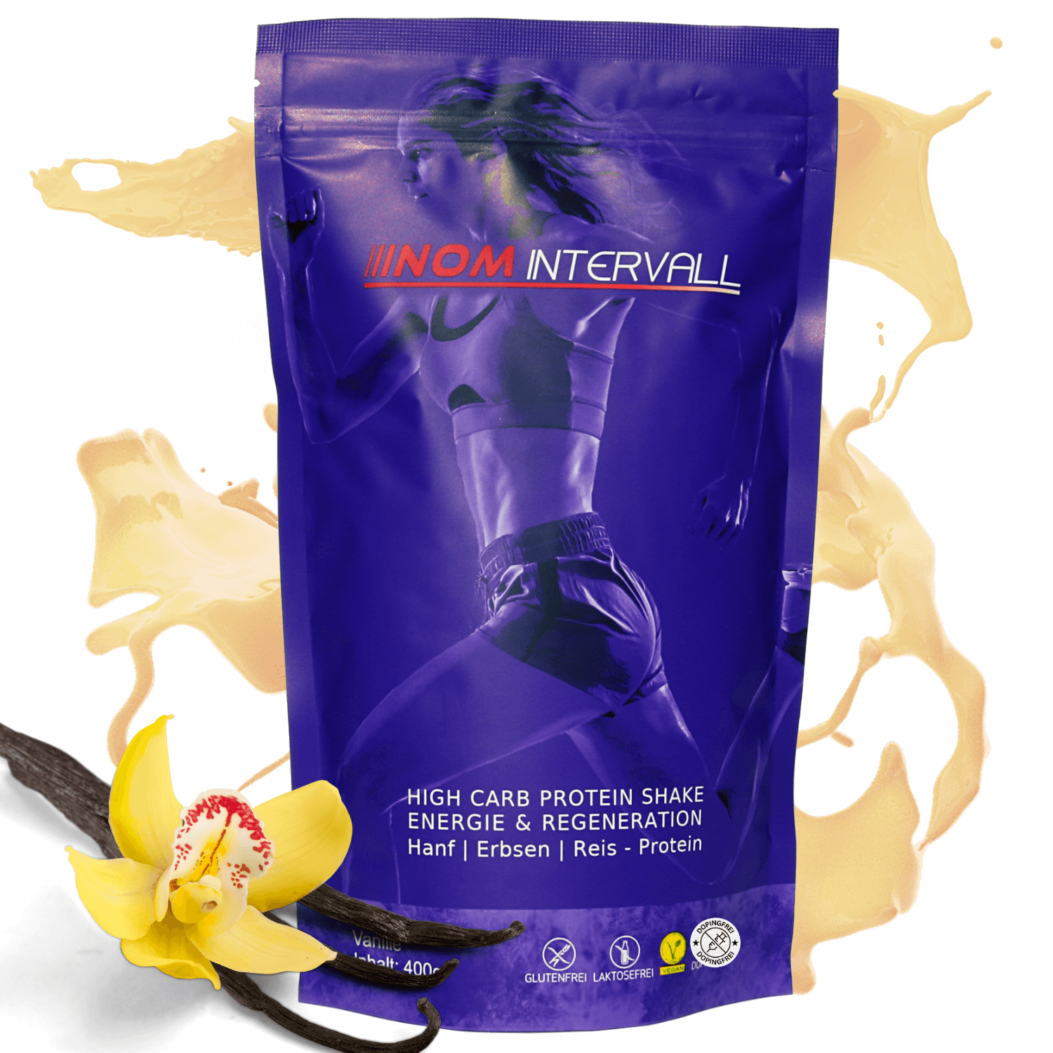 "NOM Intervall Vanille: High Carb Protein Shake für Energie und Regeneration, vegan und glutenfrei."