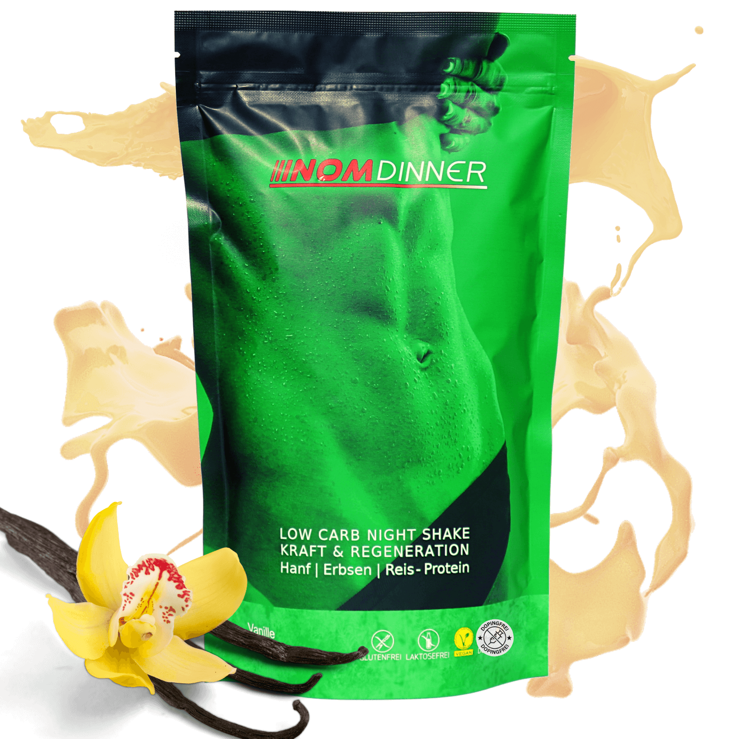 "NOM Dinner Low Carb Night Shake für Kraft und Regeneration mit Vanille und Zutaten aus Hanf, Erbsen und Reis."