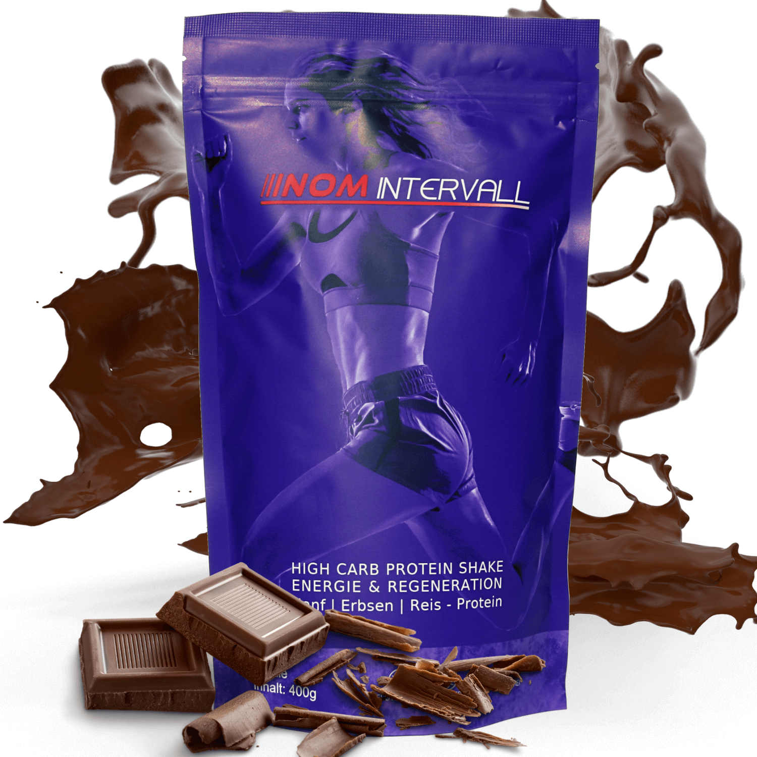 "NOM Intervall Schokolade High Carb Protein Shake Verpackung mit Schokoladenstücken und flüssiger Schokolade im Hintergrund."