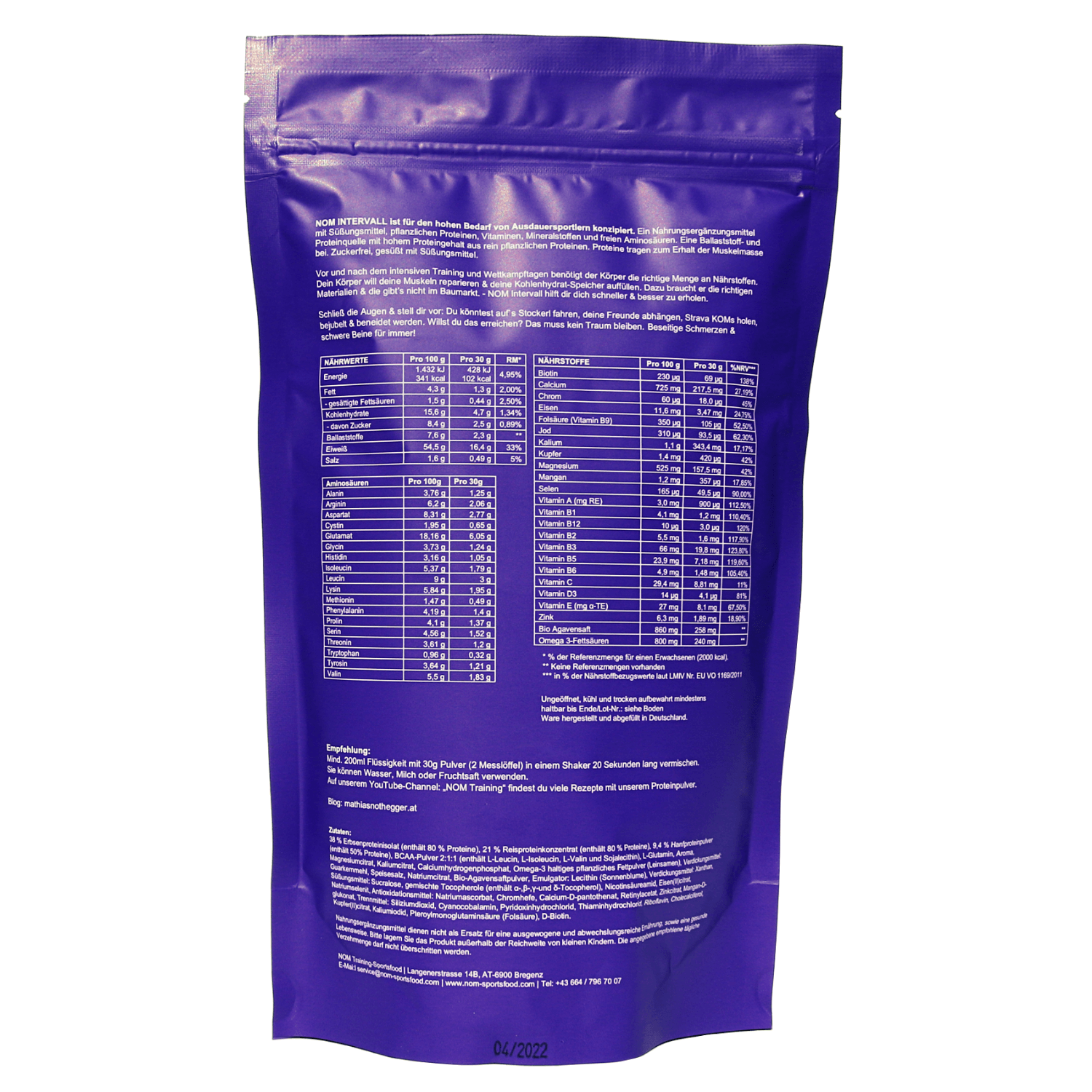 "Rückseite der NOM Intervall Verpackung mit detaillierten Nährwertangaben, Zutaten und Anwendungshinweisen für den High Carb Protein Shake."