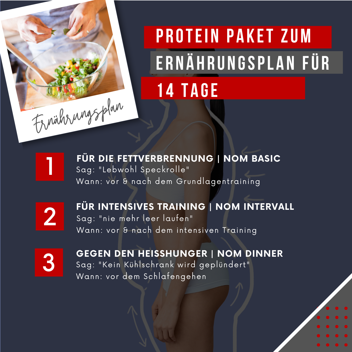 "Protein-Paket für den 14-Tage-Ernährungsplan: NOM Basic zur Fettverbrennung, NOM Intervall für intensives Training und NOM Dinner gegen Heißhunger."