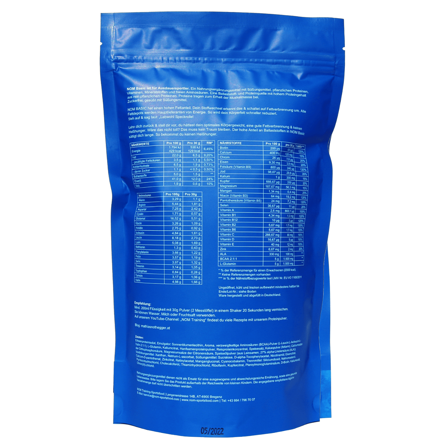 "Verpackungsrückseite NOM Basic: Detaillierte Nährwert- und Inhaltsangaben des Low Carb Keto Shakes für Body Shape und Fettverbrennung."