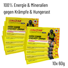 "NOM High Carb Energy Drink: 100% Energie & Mineralien zur Vorbeugung von Krämpfen und Hungerast, speziell für intensive Rennen und Trainingseinheiten."