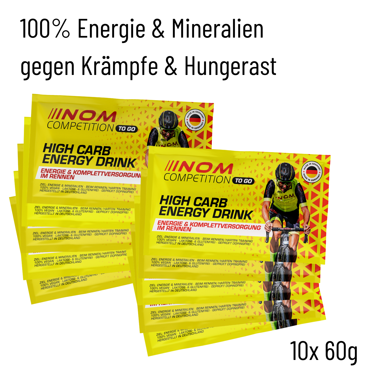 "NOM High Carb Energy Drink: 100% Energie & Mineralien zur Vorbeugung von Krämpfen und Hungerast, speziell für intensive Rennen und Trainingseinheiten."