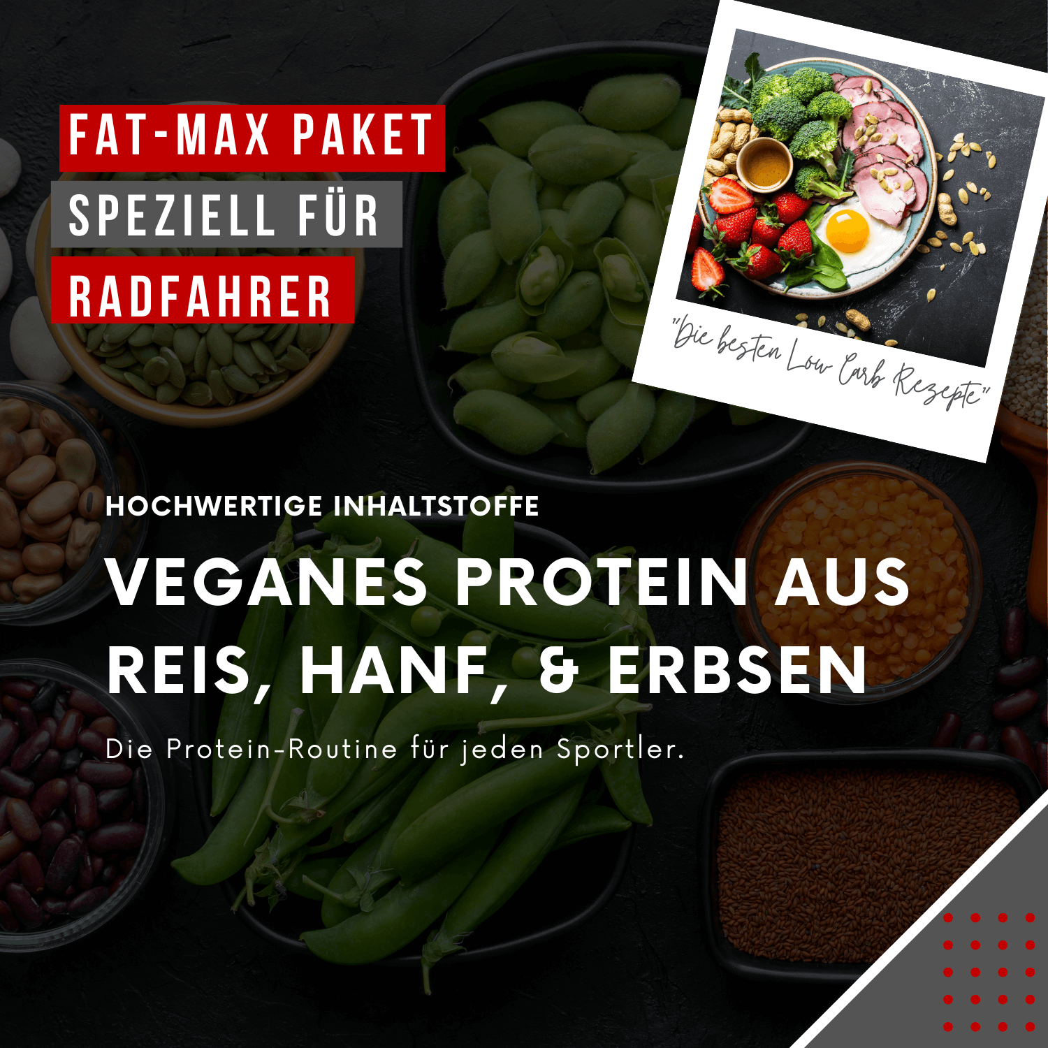 "Fat-Max Paket für Radfahrer mit veganem Protein aus Reis, Hanf und Erbsen für optimale Regeneration."