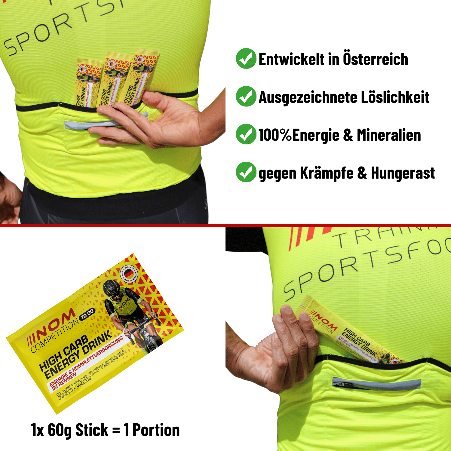 "NOM High Carb Energy Drink Stick: Entwickelt in Österreich, ausgezeichnete Löslichkeit, 100% Energie und Mineralien, hilft gegen Krämpfe und Hunger."