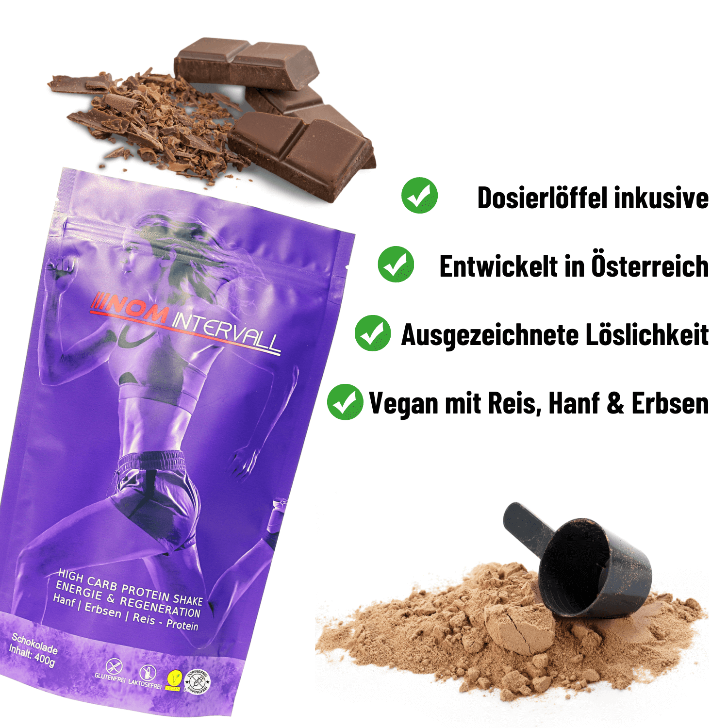 "NOM Intervall Schokoladen-Protein-Shake: Vegan, mit Dosierlöffel, ausgezeichnete Löslichkeit, entwickelt in Österreich."