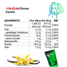 "Nährwertangaben für NOM Dinner Vanille, inklusive Kalorien, Fett, Kohlenhydrate und Eiweiß."