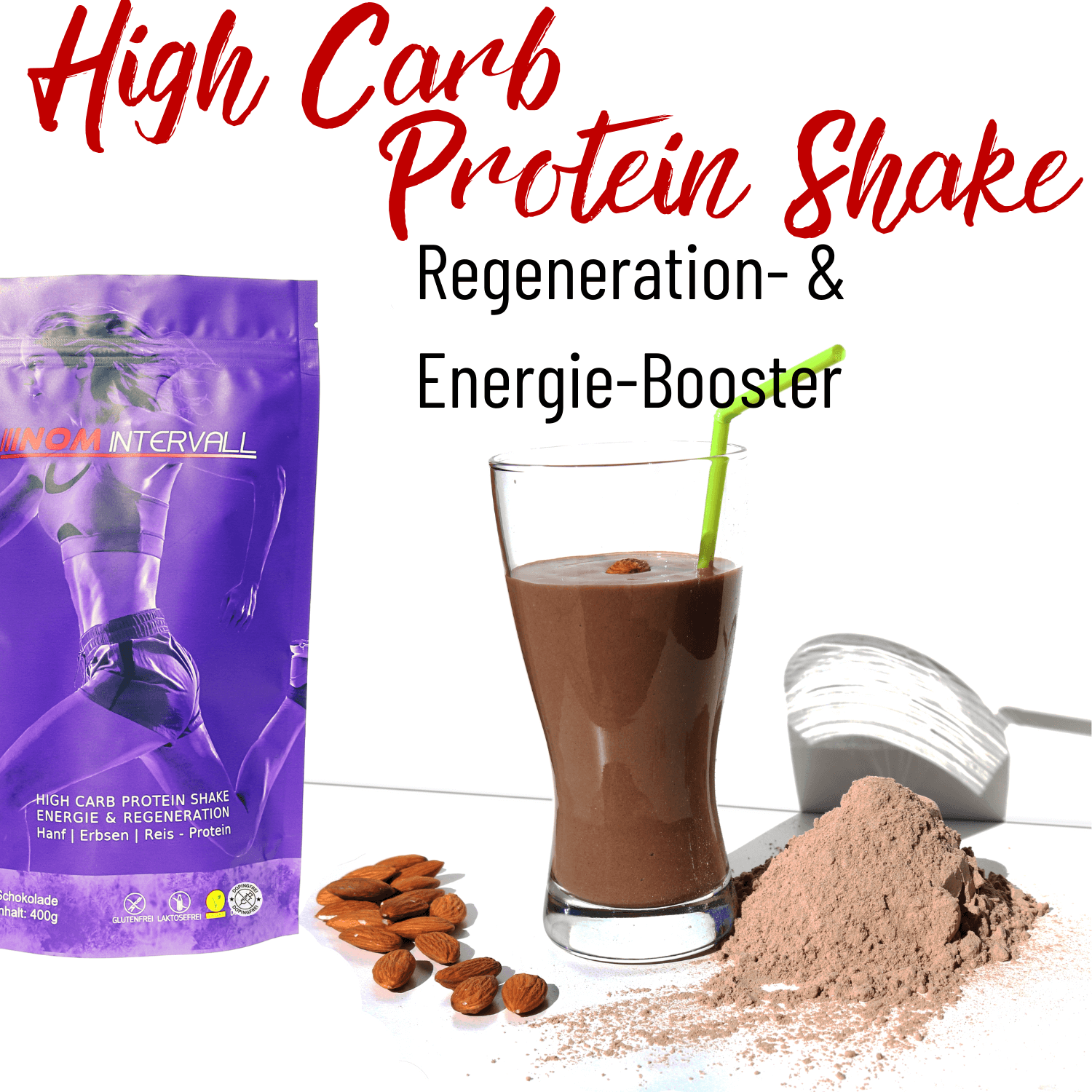 "NOM Intervall High Carb Protein Shake Schokolade, Regeneration- und Energie-Booster mit Mandeln."