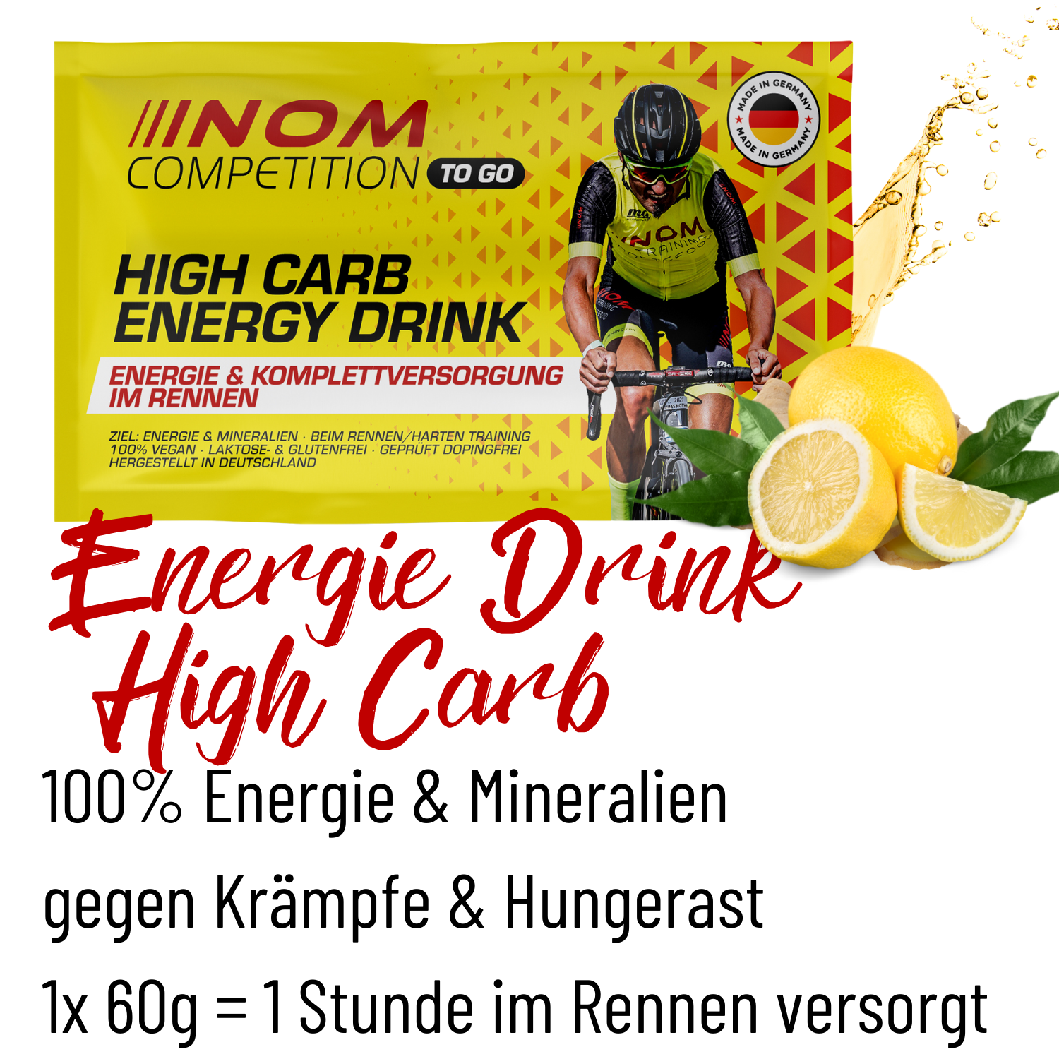 NOM Competition High Carb Energy Drinks, speziell für Rennen und intensives Training. Verpackung zeigt einen Radfahrer, begleitet von Zitronen und Spritzwasser."
