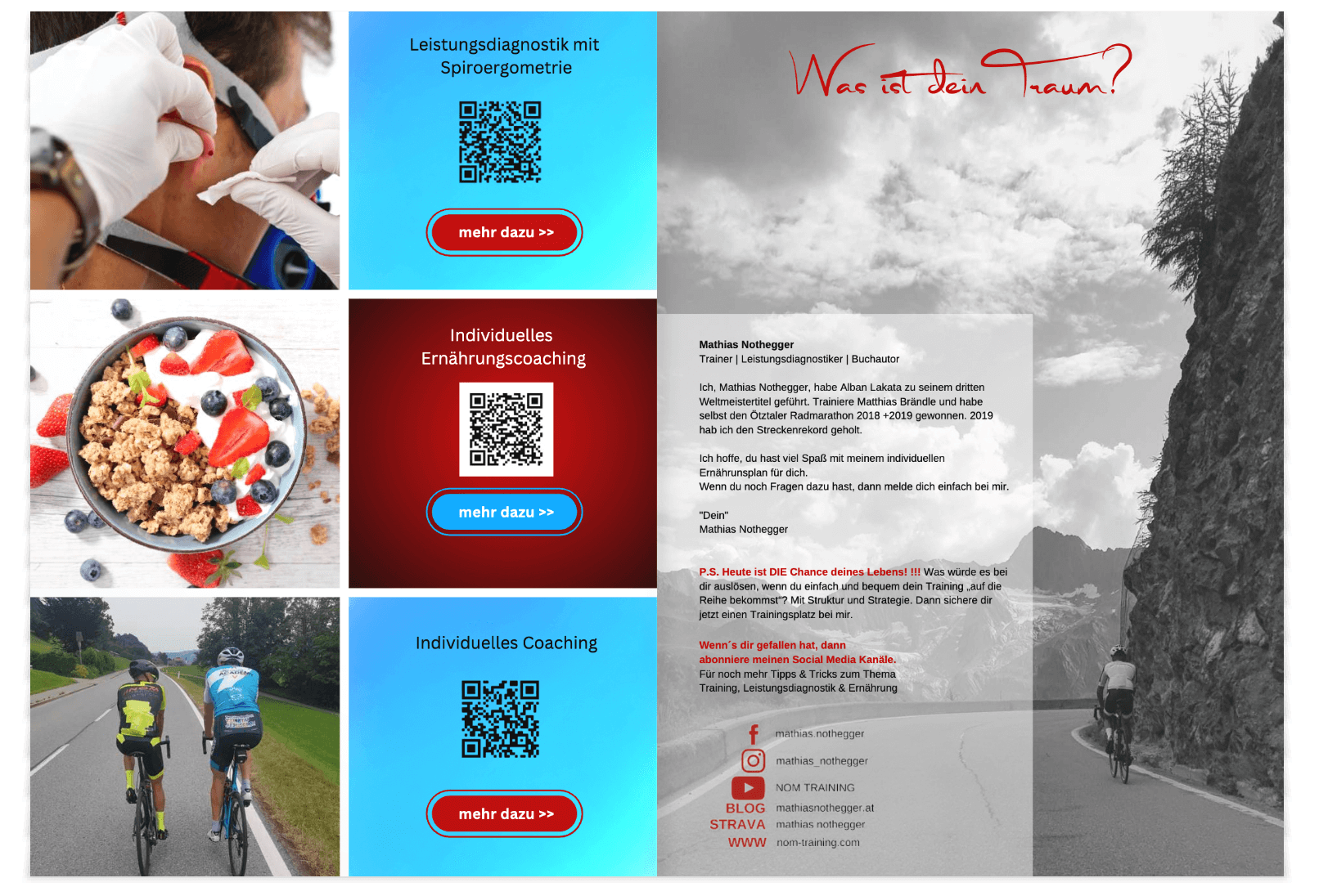 "Übersicht: Angebote für Leistungsdiagnostik, individuelles Ernährungscoaching und Coaching für Radfahrer mit QR-Codes zur weiteren Information."