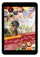"E-Book-Cover: 'Ernährungsplan für 14 Tage' mit Radfahrer und gesunden Lebensmitteln."
