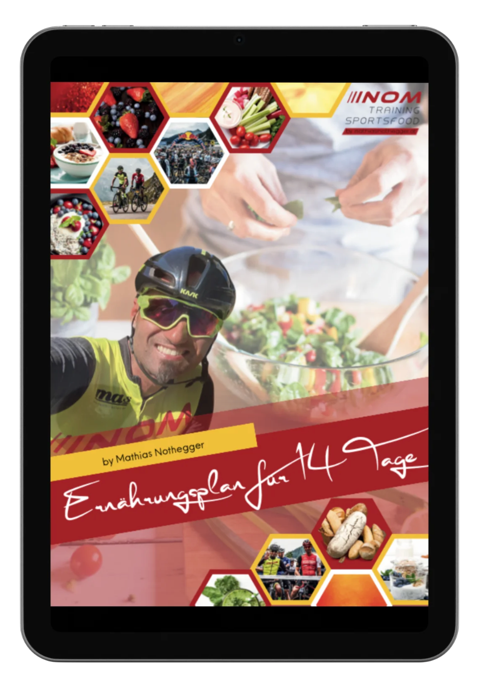 "E-Book-Cover: 'Ernährungsplan für 14 Tage' mit Radfahrer und gesunden Lebensmitteln."