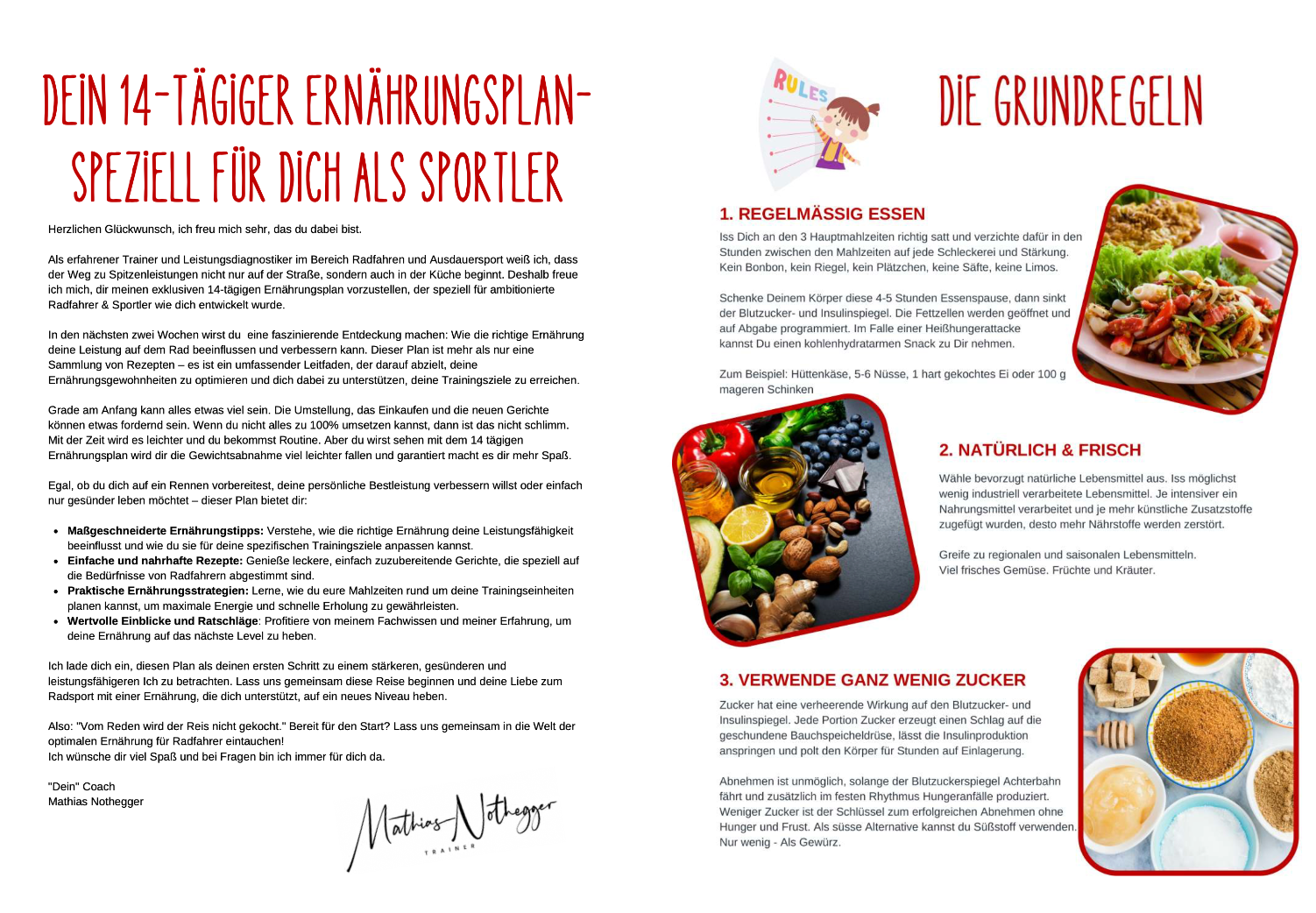 "14-tägiger Ernährungsplan für Sportler: Tipps für regelmäßiges Essen, frische Zutaten und Zuckerreduktion."