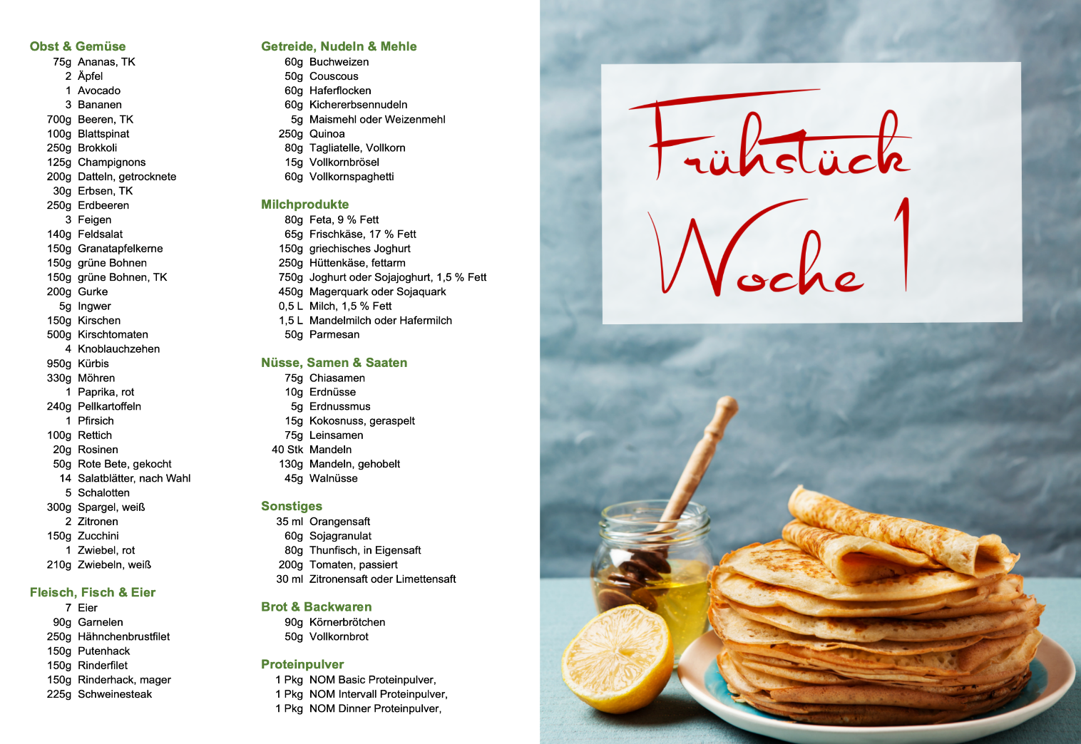 "Einkaufsliste Woche 1: Obst, Gemüse, Milchprodukte, Getreide, Nüsse und Proteinpulver für ausgewogene Ernährung."