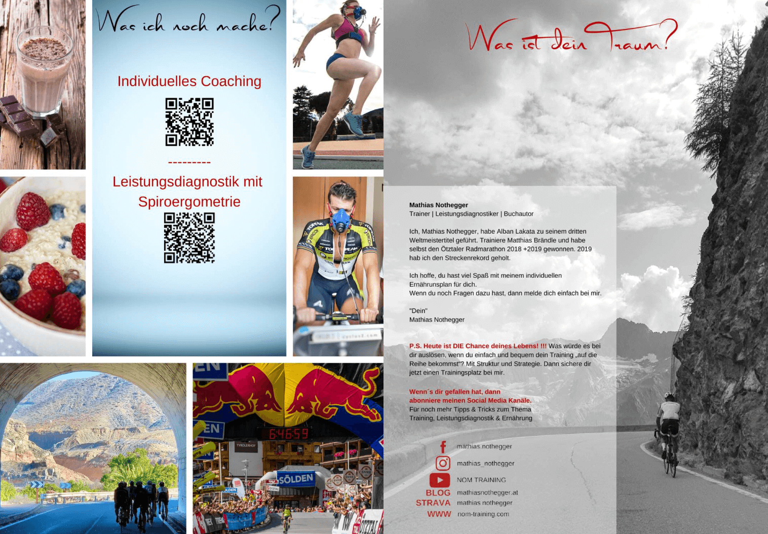 "Collage mit Coaching-Angeboten, Leistungsdiagnostik mit Spiroergometrie, Trainingszielen und Radfahrer in Berglandschaft."