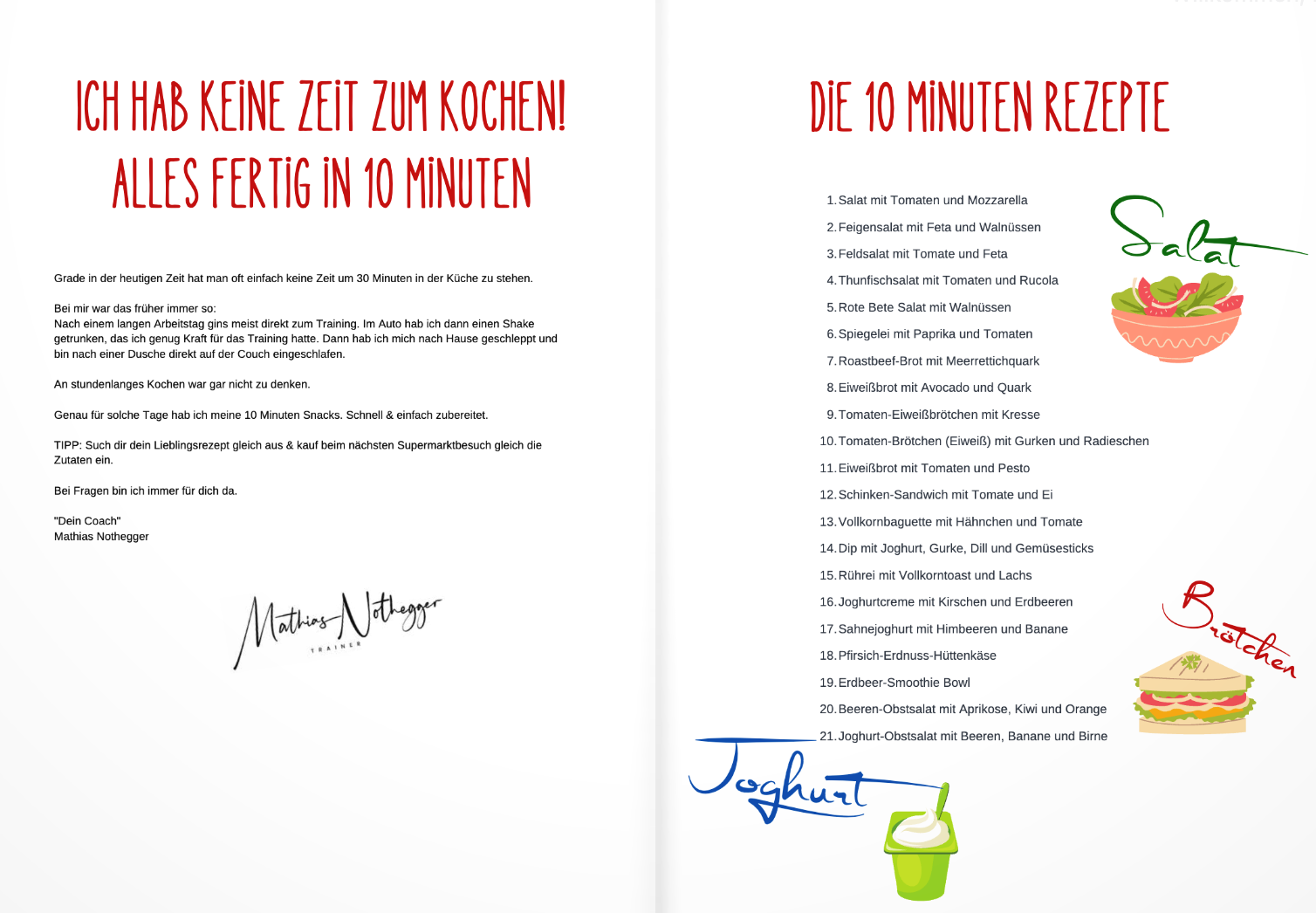 "Rezeptideen für schnelle 10-Minuten-Snacks mit Salaten, Sandwiches und Joghurt."