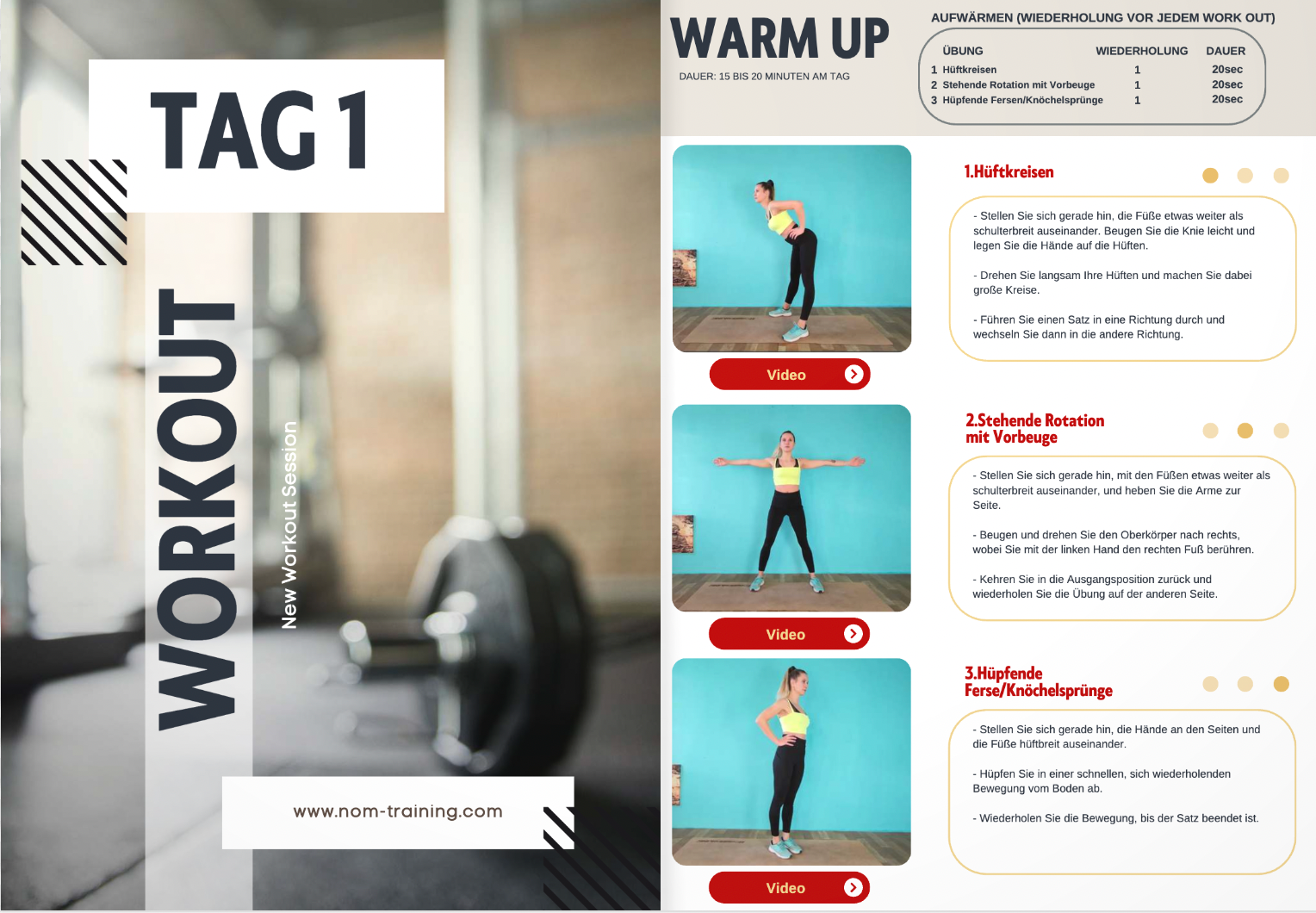 "Tag-1-Workout: Warm-up mit Übungen und Video-Anleitungen."