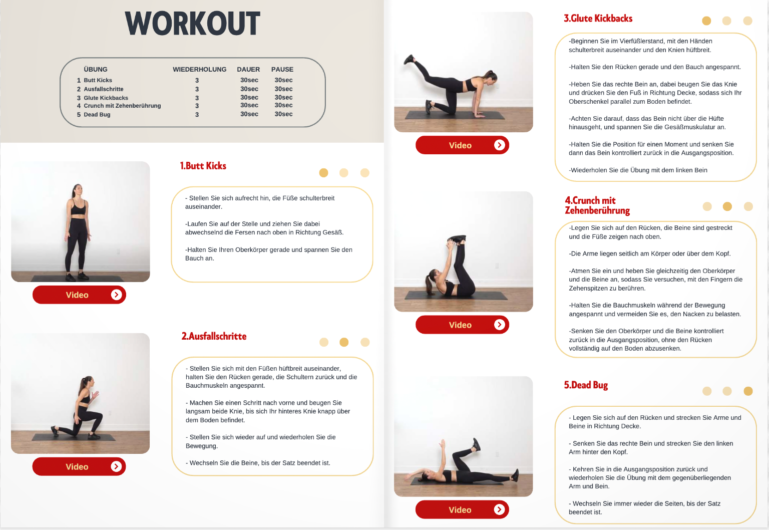 "Workout-Plan mit 5 Übungen und Video-Anleitungen auf Deutsch."