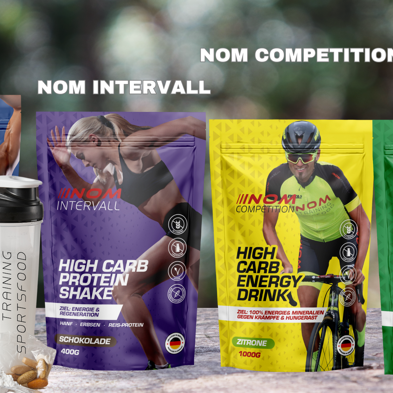 "NOM Sportsfood System mit Basic, Intervall, Competition und Dinner für Ausdauertraining, Energieversorgung und Regeneration.“
