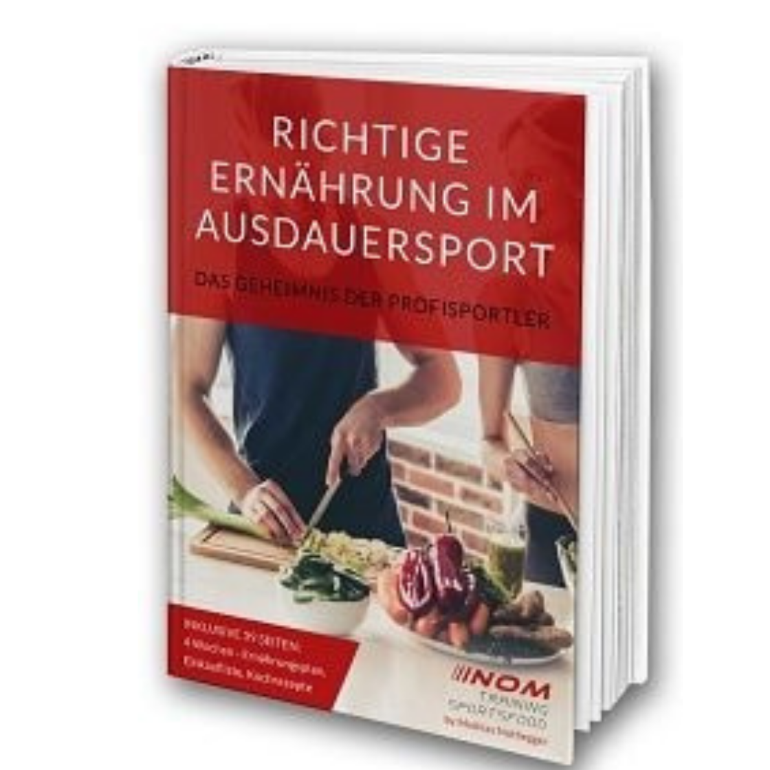 "Buchcover mit Titel 'Richtige Ernährung im Ausdauersport', zeigt Personen beim Schneiden von Gemüse."