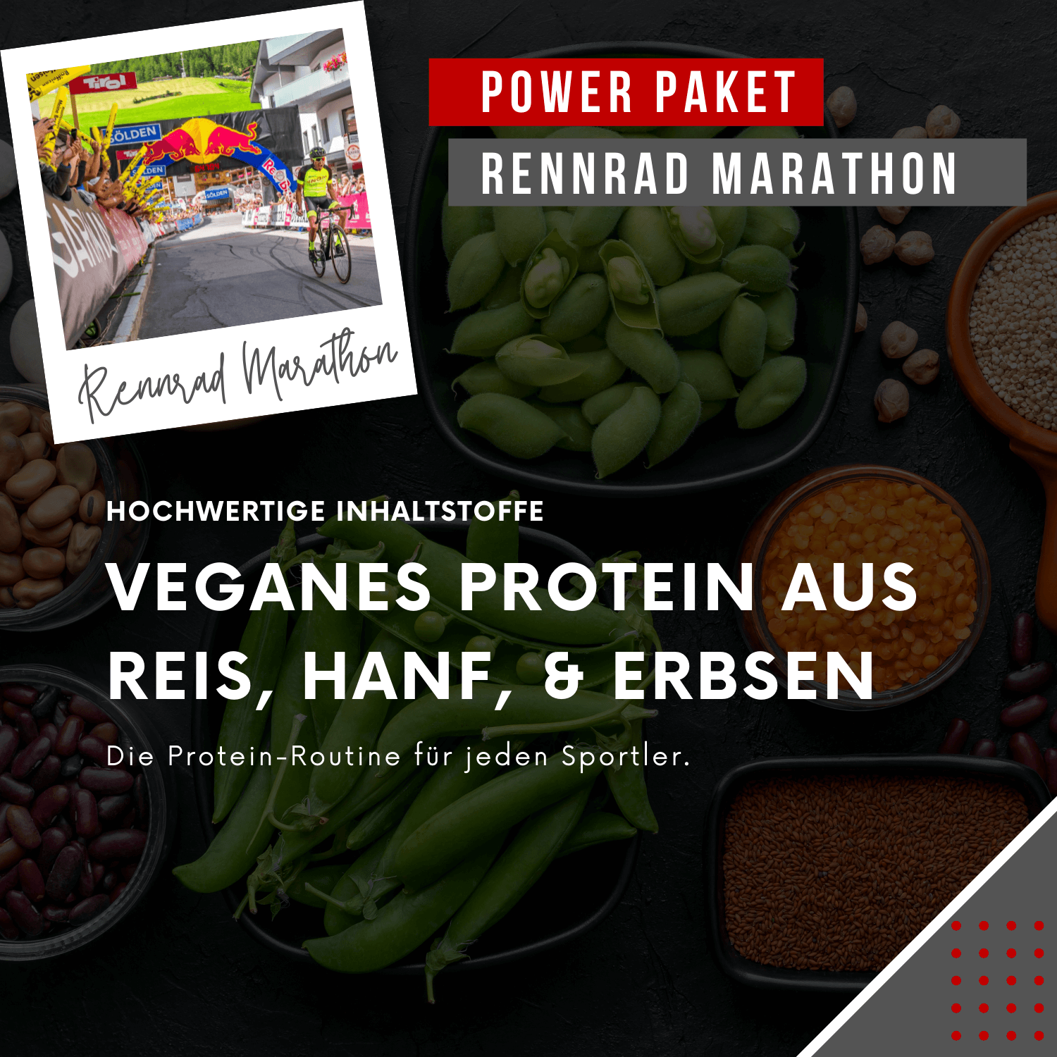 "Power Paket Rennrad Marathon mit veganem Protein aus Reis, Hanf und Erbsen für Sportler."