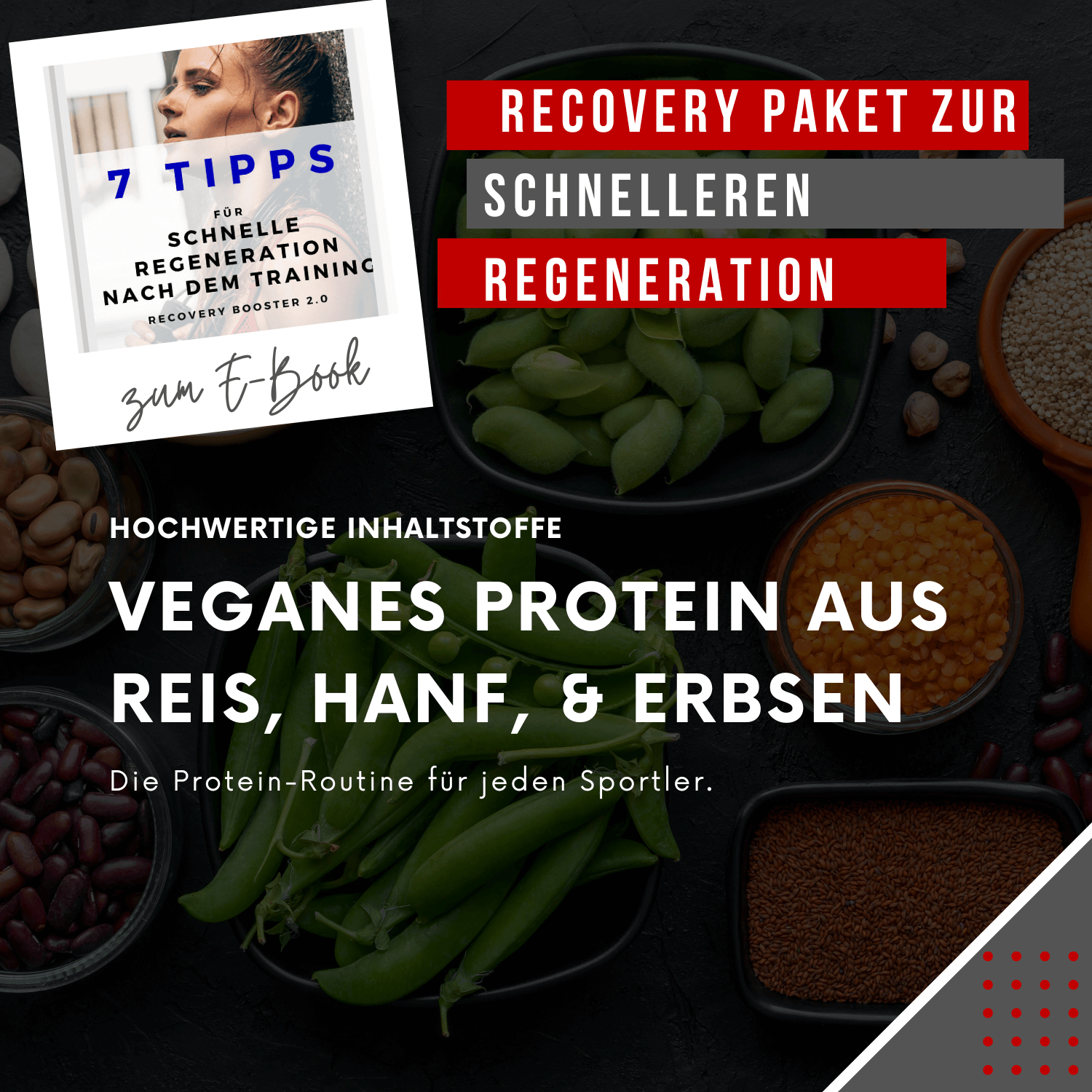 "Recovery-Paket zur schnelleren Regeneration, basierend auf veganem Protein aus Reis, Hanf und Erbsen. Perfekt für Sportler und unterstützt durch das E-Book '7 Tipps für schnelle Regeneration'."