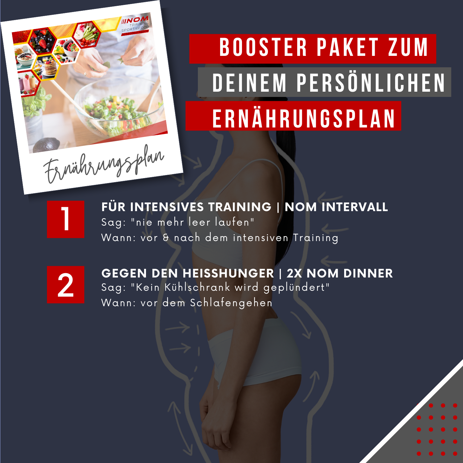 "Booster Paket zum persönlichen Ernährungsplan: Unterstützung für intensives Training mit NOM Intervall und gegen Heißhunger mit 2x NOM Dinner – perfekt für Sportler vor und nach dem Training sowie vor dem Schlafengehen."
