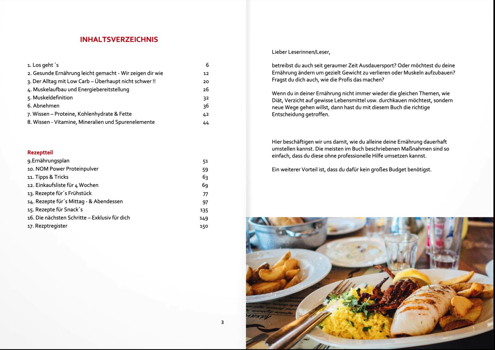 "Inhaltsverzeichnis und Einführung des E-Books 'Richtige Ernährung im Ausdauersport', inklusive Kapitel über Muskelaufbau, Abnehmen, Rezepte und Ernährungspläne."