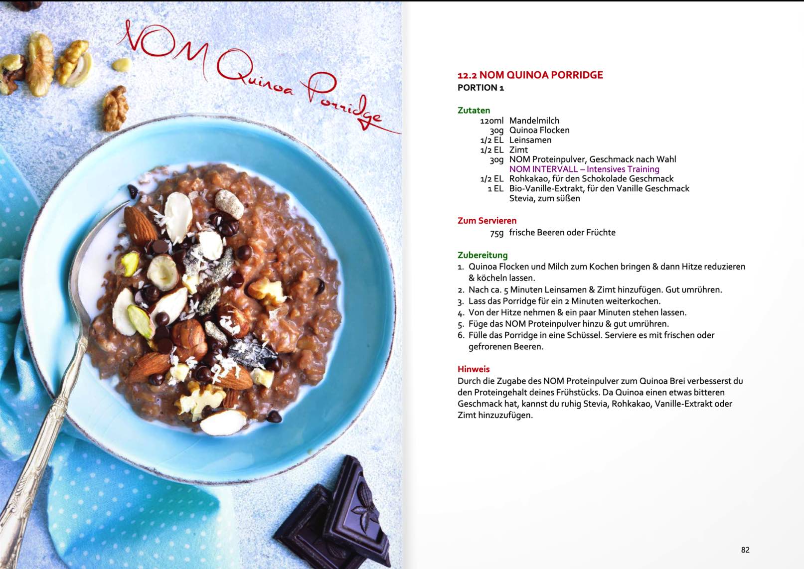 "Rezept für NOM Quinoa Porridge aus dem E-Book 'Richtige Ernährung im Ausdauersport', mit Zutaten, Zubereitungsschritten und Serviervorschlägen."