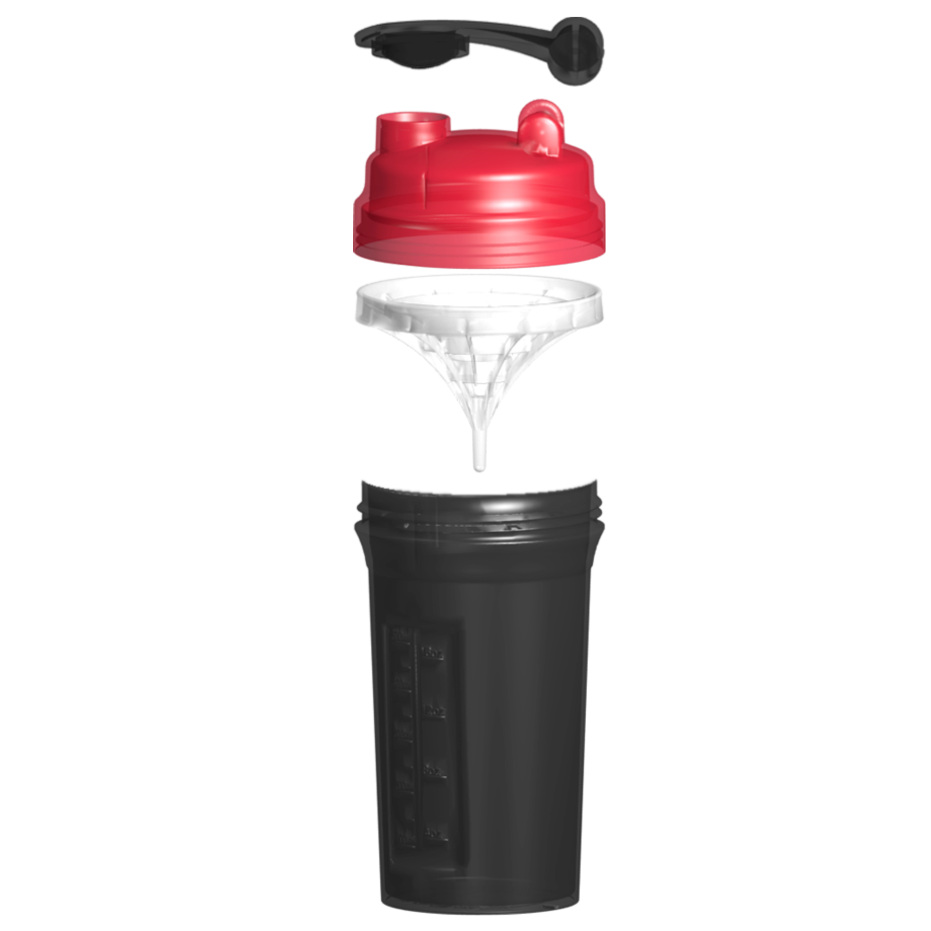 "NomShaker" mit rotem Deckel, Siebeinsatz und schwarzem Behälter für bessere Mischung."