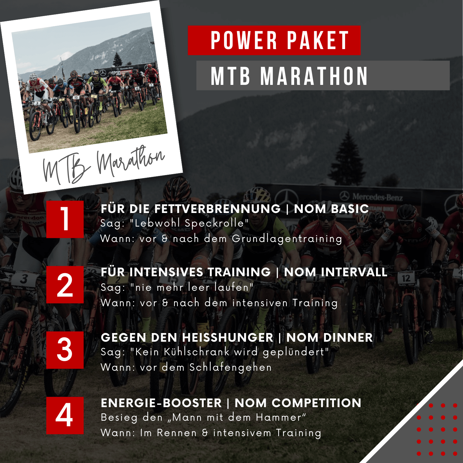 "Power-Paket MTB Marathon, strukturiert in vier Schritte: Fettverbrennung mit NOM Basic, intensives Training mit NOM Intervall, nächtliche Regeneration mit NOM Dinner und Energie-Boost mit NOM Competition – abgestimmt auf Mountainbike-Marathon-Anforderungen."