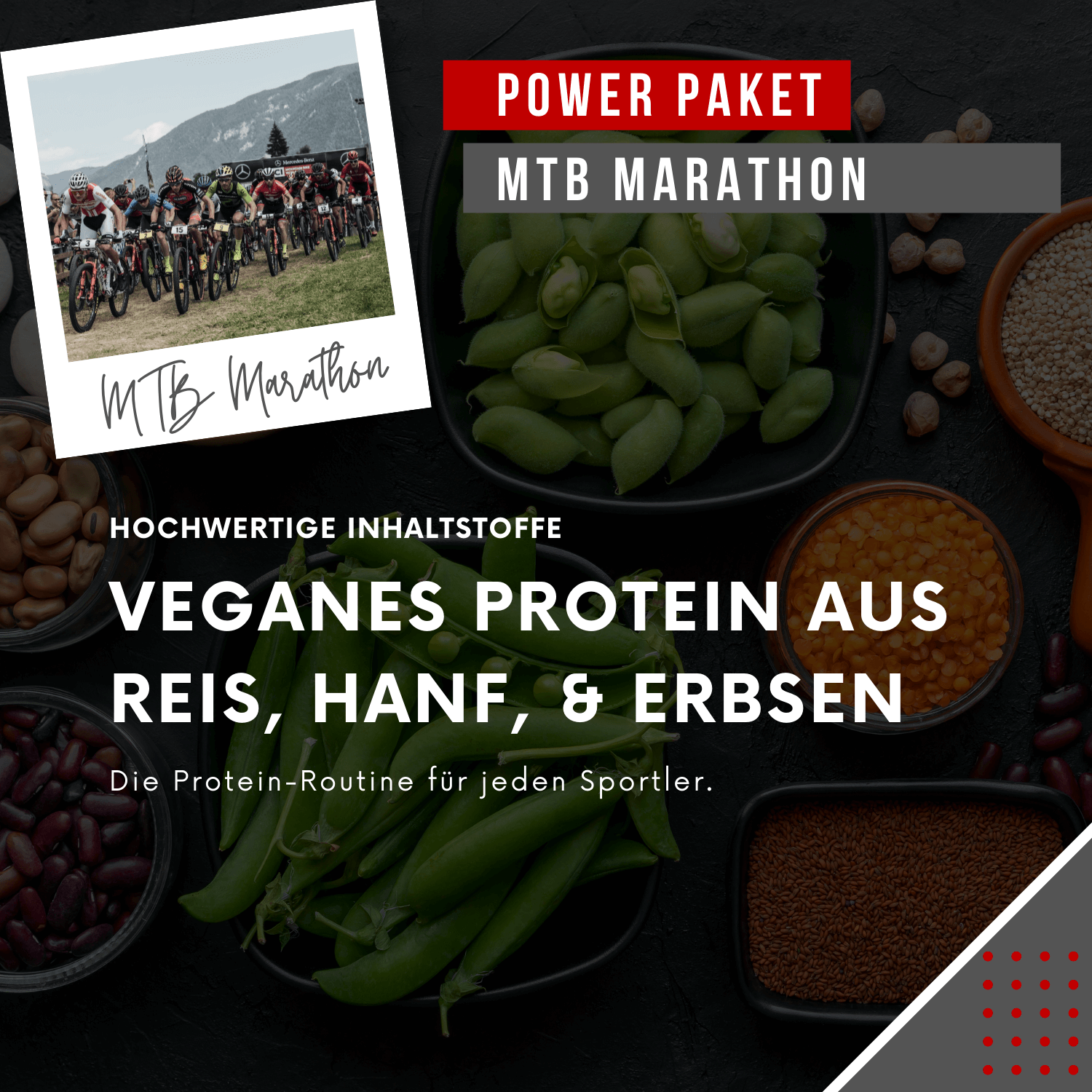 "Power-Paket MTB Marathon mit dem Fokus auf hochwertige Inhaltsstoffe. Präsentiert: Veganes Protein aus Reis, Hanf und Erbsen – die ideale Protein-Routine für jeden Sportler."