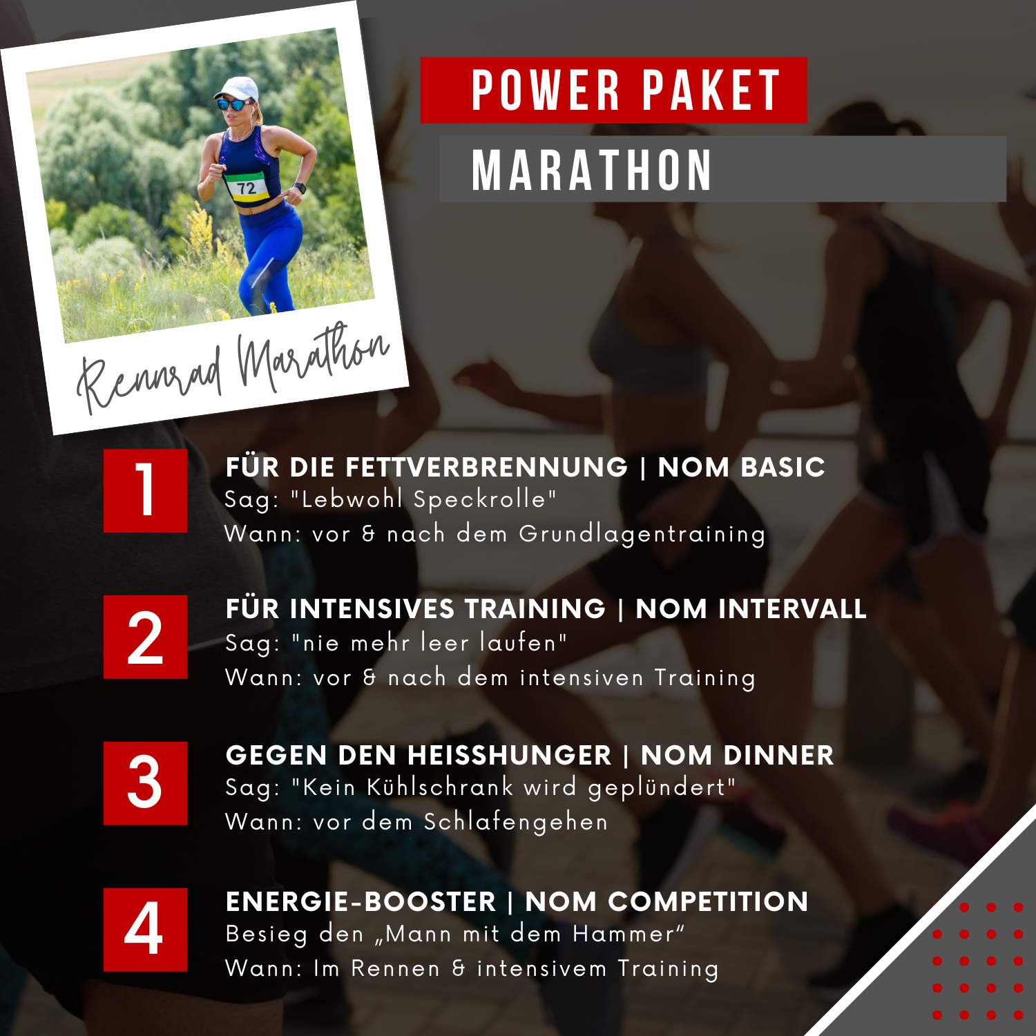 "Power Paket Marathon: Schritte zur Spitzenleistung – 1. Fettverbrennung mit NOM Basic, 2. Energie für intensives Training mit NOM Intervall, 3. Heißhunger stillen mit NOM Dinner, 4. Energie-Booster mit NOM Competition. Perfekt abgestimmt für deinen Marathon-Erfolg."