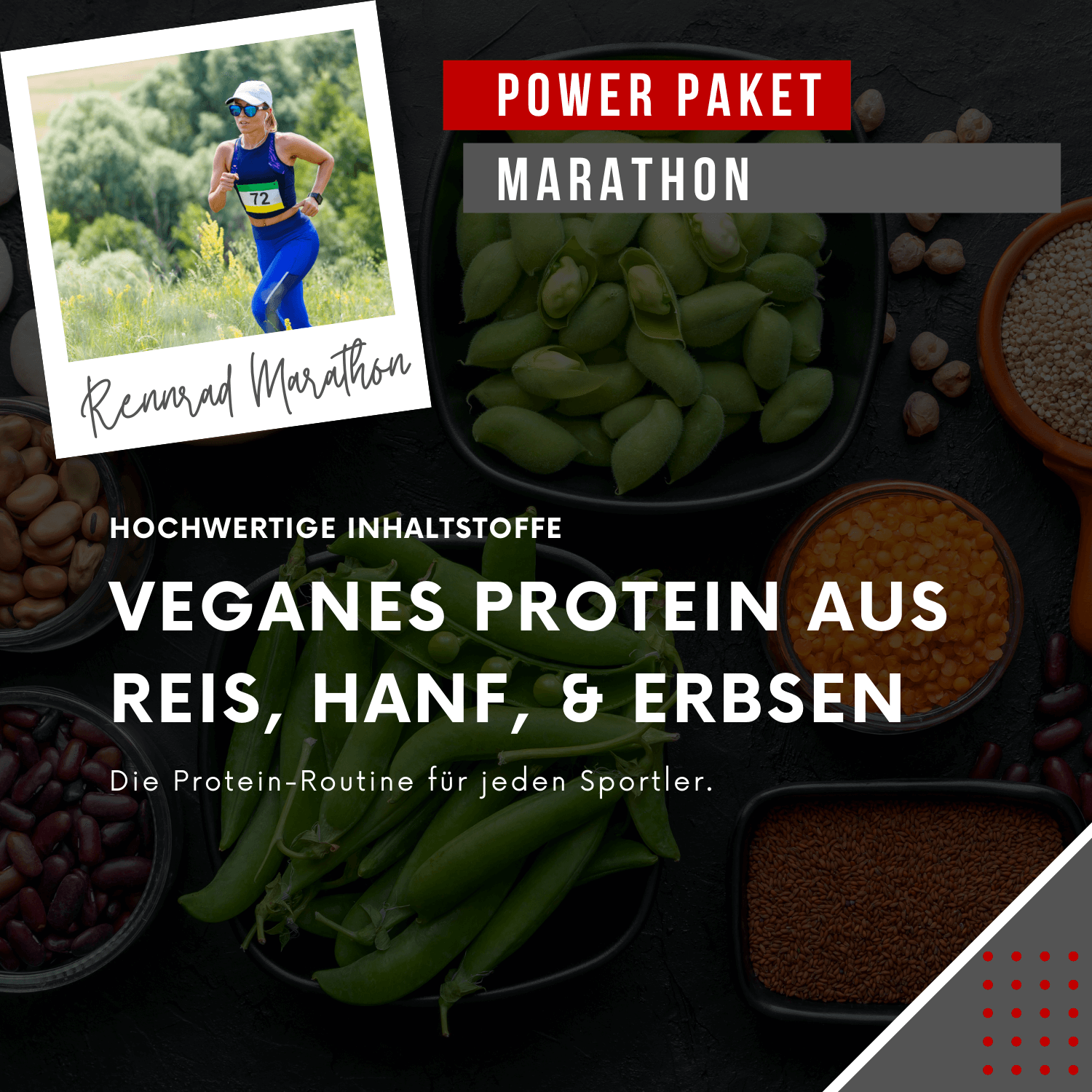 "Power Paket Marathon: Veganes Protein aus Reis, Hanf & Erbsen für maximale Leistung und Regeneration. Die ideale Protein-Routine für Sportler."