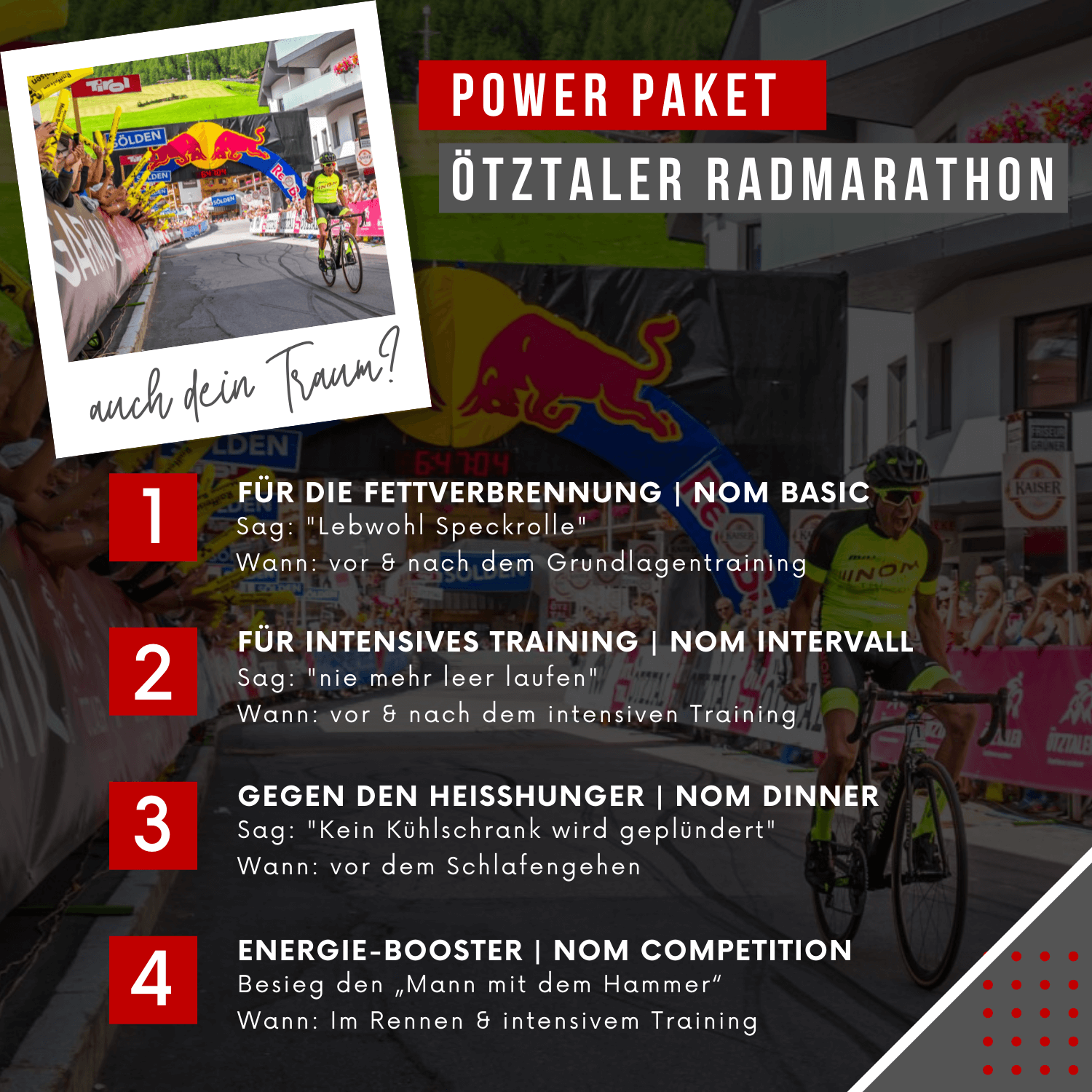 "Power Paket für den Ötztaler Radmarathon: Mit NOM Basic für Fettverbrennung, NOM Intervall für intensives Training, NOM Dinner gegen Heißhunger und NOM Competition als Energie-Booster. Entwickelt für Spitzenleistungen und Regeneration."