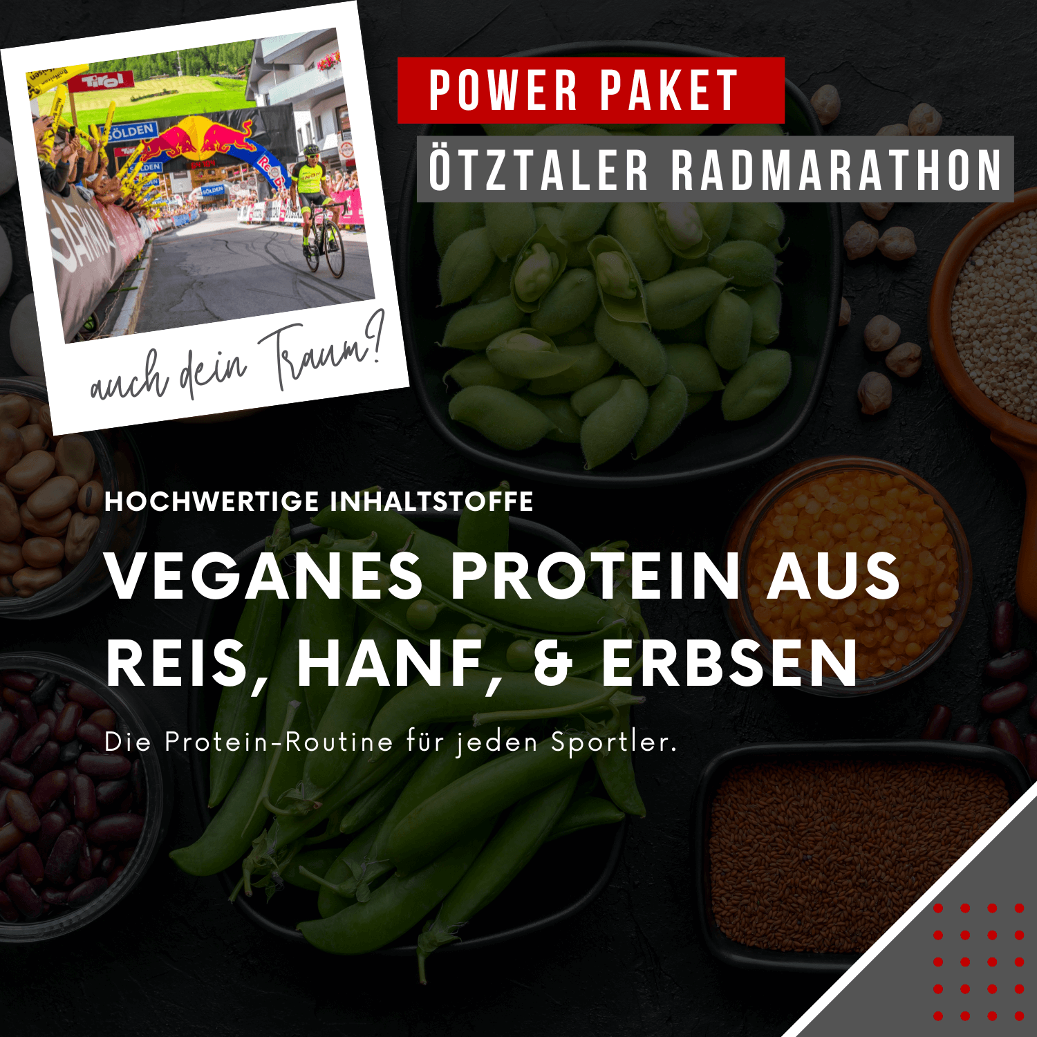 "Power Paket für den Ötztaler Radmarathon: Hochwertiges veganes Protein aus Reis, Hanf und Erbsen – die ideale Proteinroutine für Ausdauersportler, entwickelt für maximale Leistung und Regeneration."