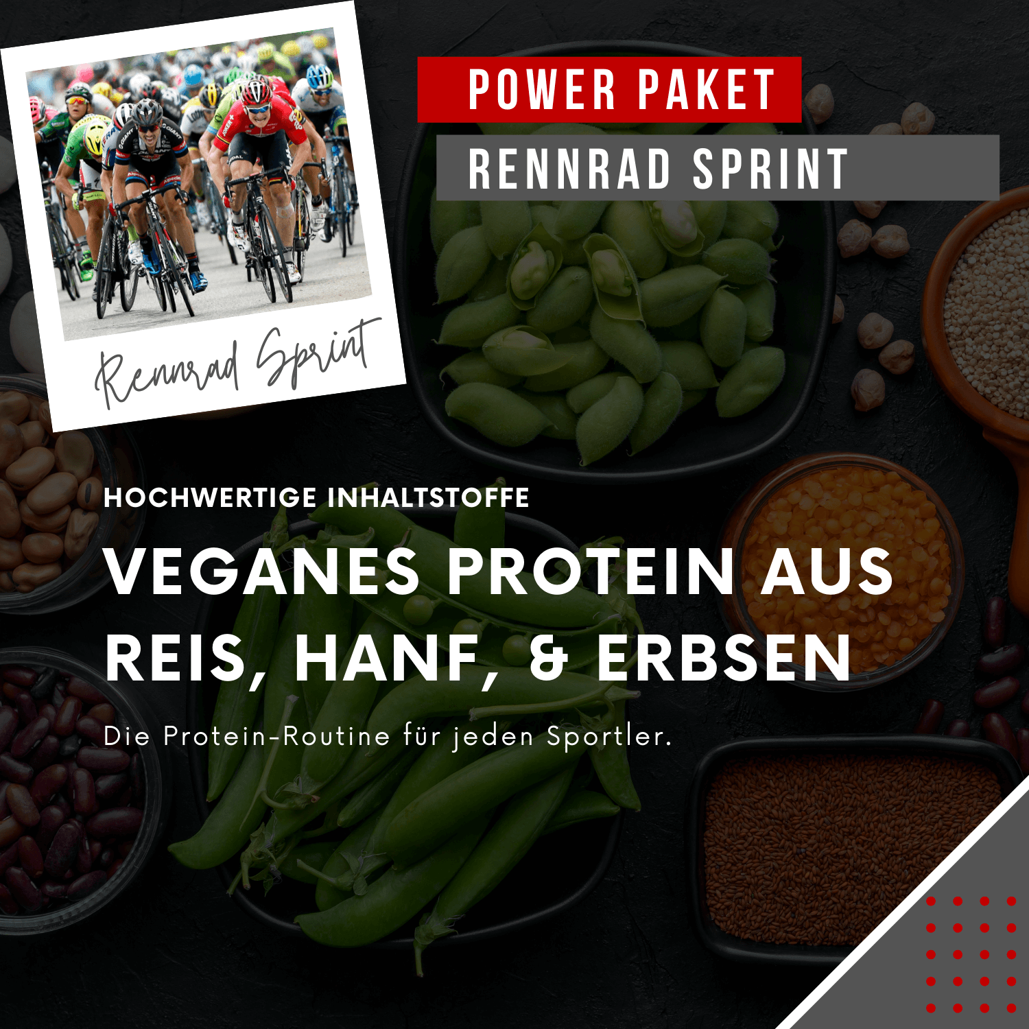 "Power Paket Rennrad Sprint: Veganes Protein aus Reis, Hanf & Erbsen – Hochwertige Zutaten für deine optimale Sportler-Routine."