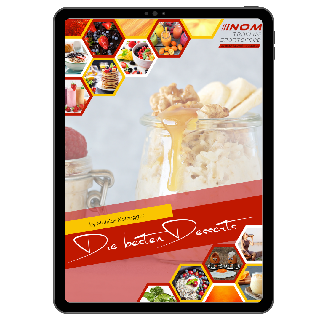 "E-Book-Cover 'Die besten Desserts' von Mathias Nothegger, präsentiert von NOM Training Sportsfood. Glas mit Haferflocken, Walnüssen und Honig, umgeben von frischen Früchten und Dessertideen."