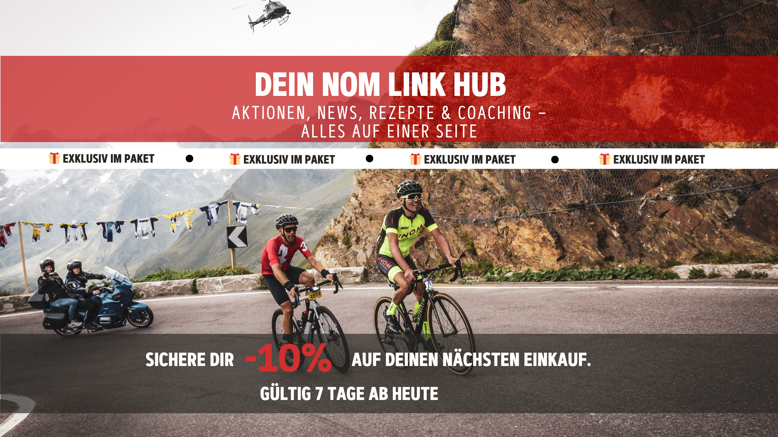 "NOM Link Hub mit Zugang zu Aktionen, Rezepten und Coaching sowie 10 Prozent Rabatt auf den nächsten Einkauf für Ausdauersportler."