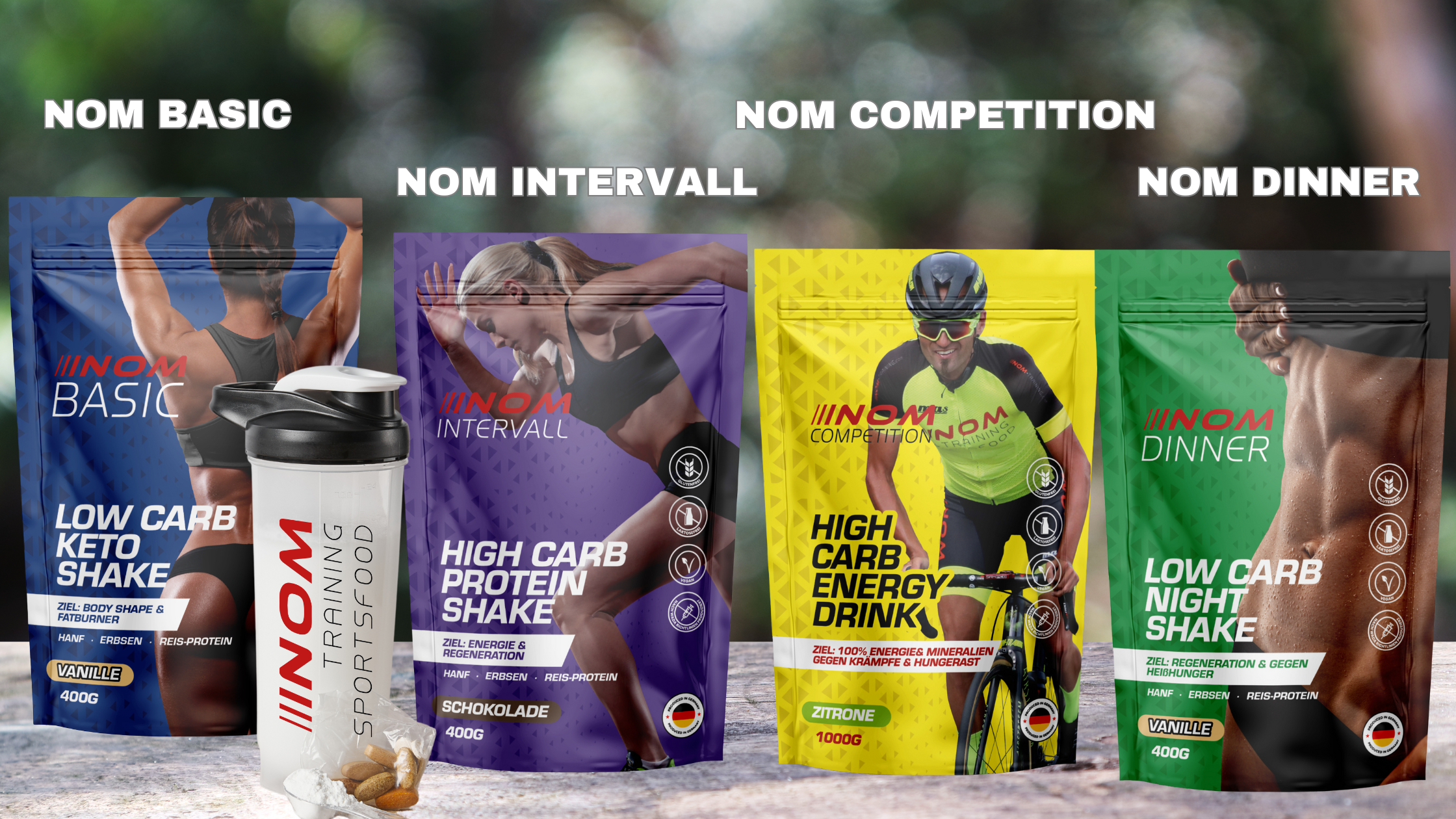 "NOM Sportsfood System mit Basic, Intervall, Competition und Dinner für Ausdauertraining, Energieversorgung und Regeneration.“
