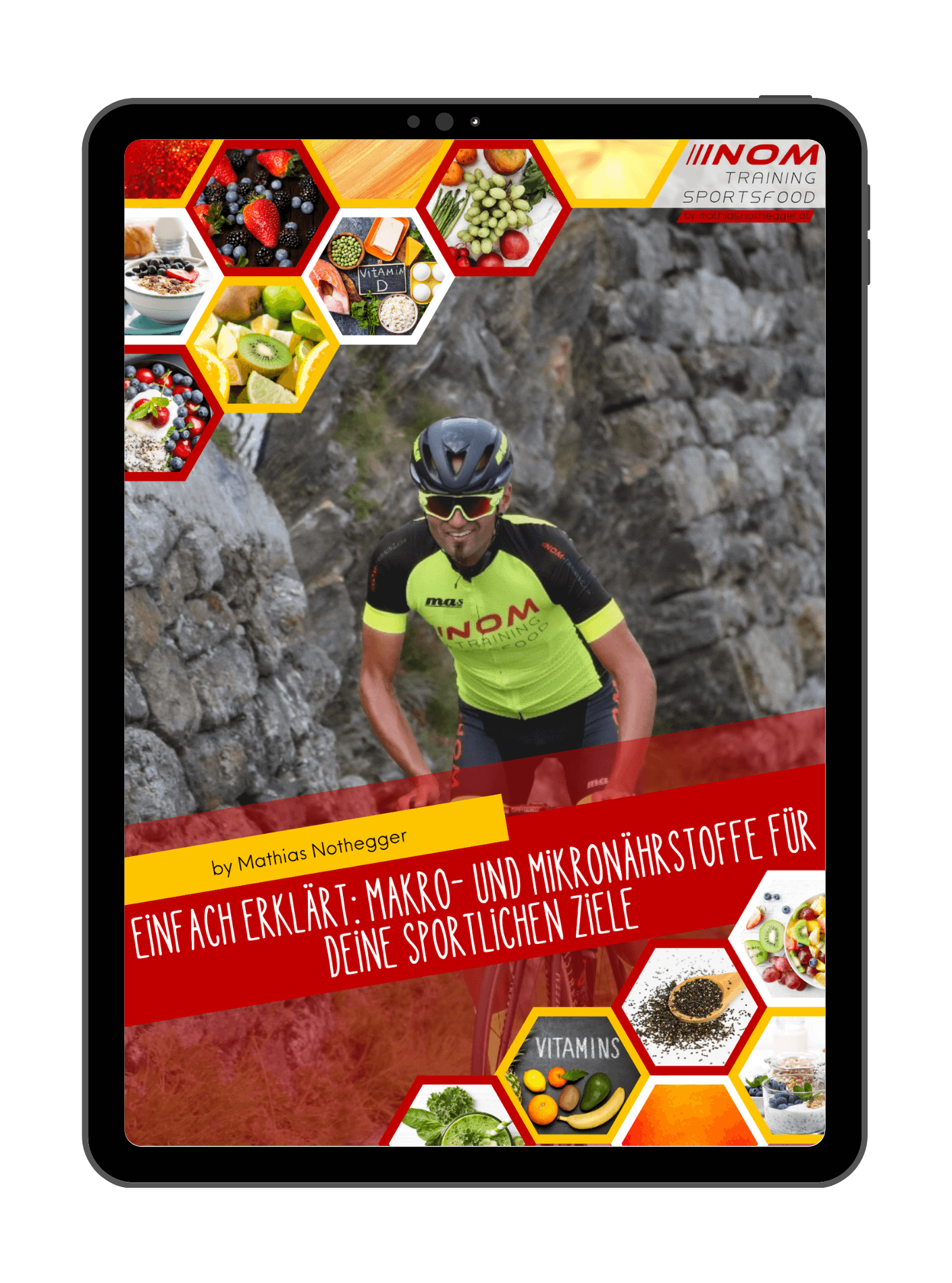 "E-Book-Cover: 'Einfach erklärt – Makro- und Mikronährstoffe für deine sportlichen Ziele' mit Radfahrer und Lebensmittel-Collagen."