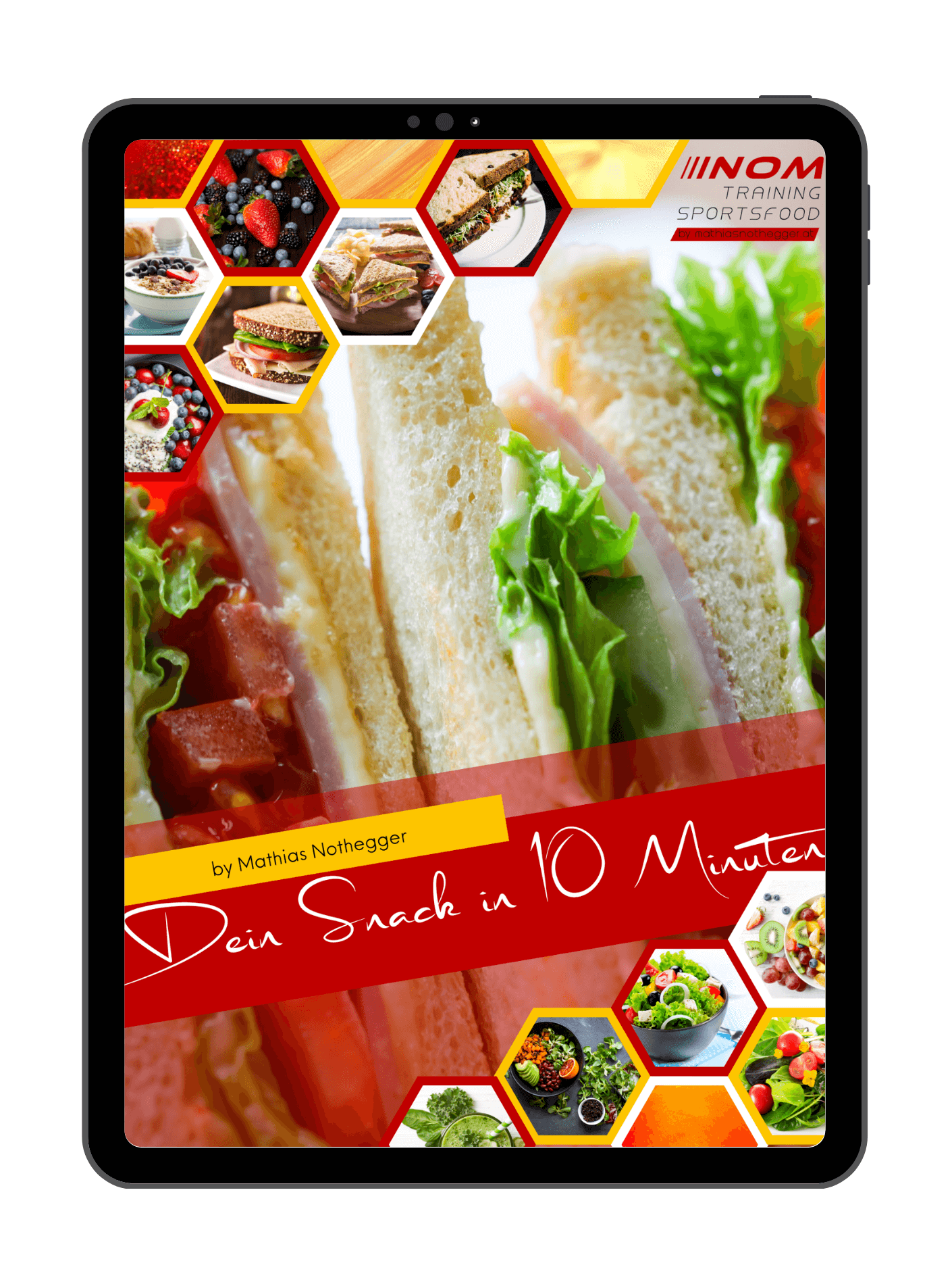 "Cover des E-Books 'Dein Snack in 10 Minuten' mit gesunden Snack-Ideen und Rezepten, illustriert durch Sandwiches und bunte Lebensmittel-Collagen."